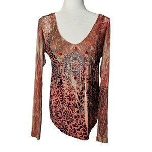 Boston Proper Large Top Vintage Velveteen Embellished Mesh Boho Retro Brown LS